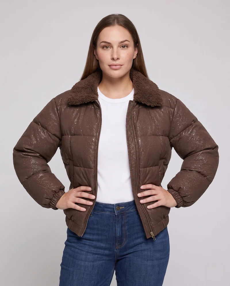 Damen nicht gepolsterte Pufferjacke mit Glitzereffekt und gemütlichem Kunstfellkragen