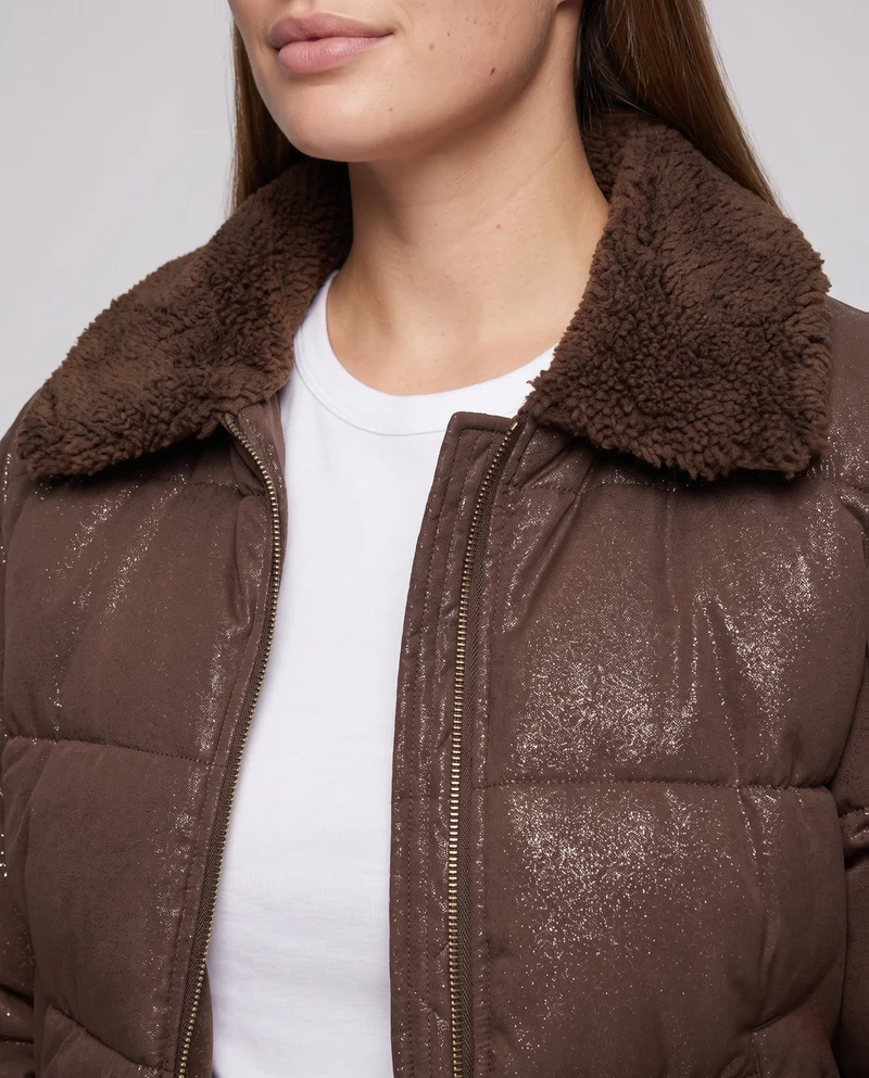 Damen nicht gepolsterte Pufferjacke mit Glitzereffekt und gemütlichem Kunstfellkragen