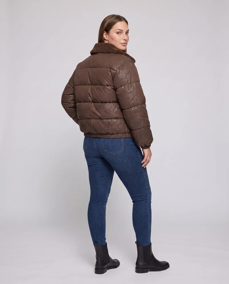 Damen nicht gepolsterte Pufferjacke mit Glitzereffekt und gemütlichem Kunstfellkragen