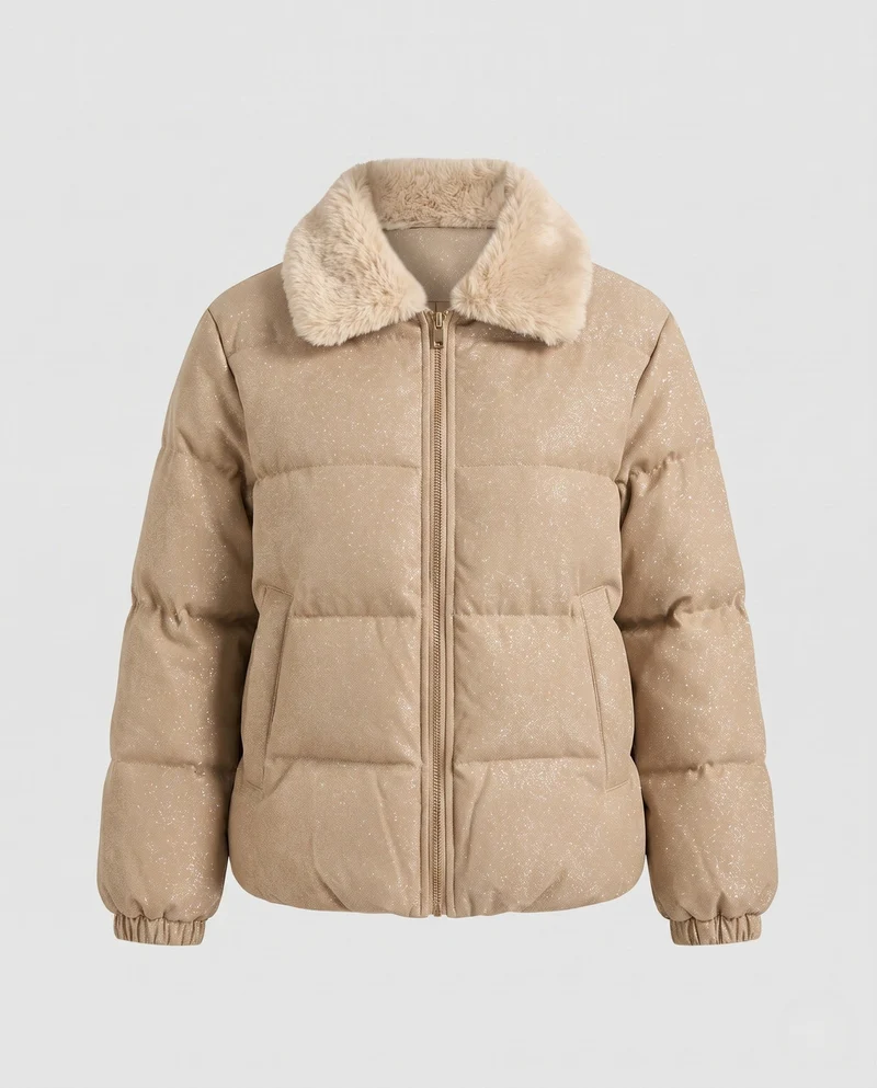 Damen nicht gepolsterte Pufferjacke mit Glitzereffekt und gemütlichem Kunstfellkragen