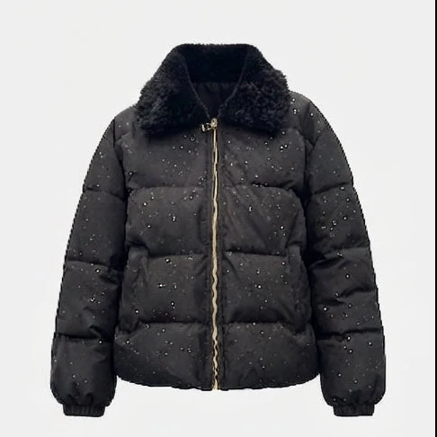 Damen nicht gepolsterte Pufferjacke mit Glitzereffekt und gemütlichem Kunstfellkragen