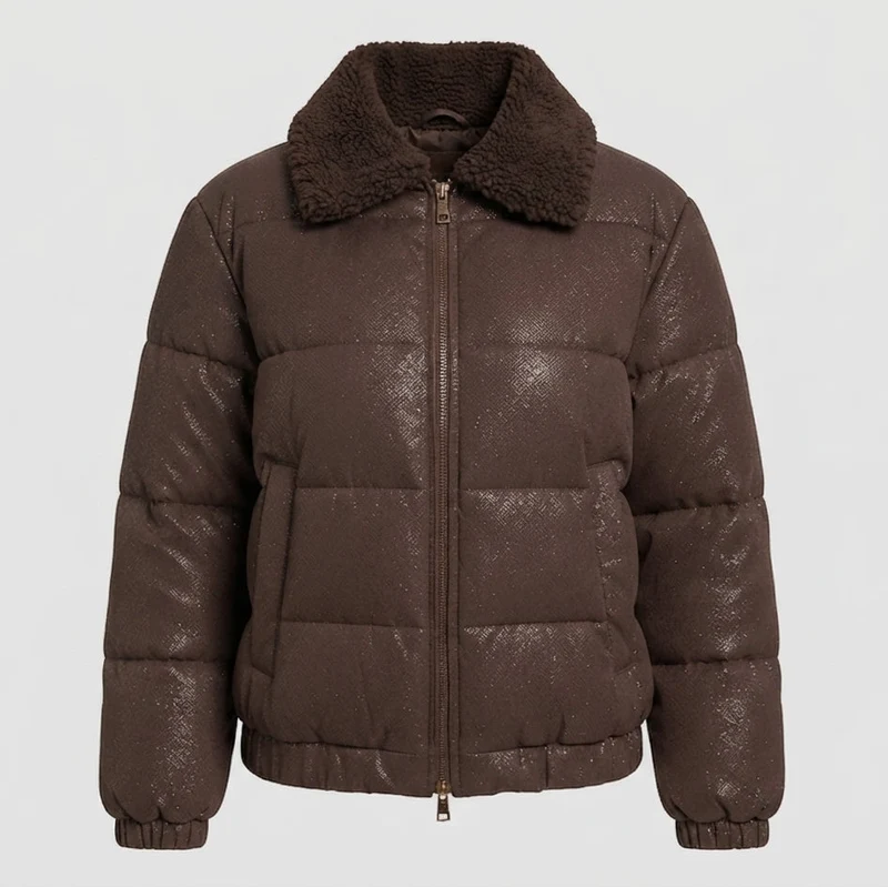 Damen nicht gepolsterte Pufferjacke mit Glitzereffekt und gemütlichem Kunstfellkragen