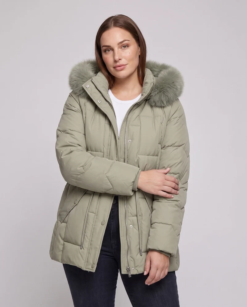 Damen Nano gepolsterter Parka mit abnehmbarem Kunstfellbesatz, verstellbarem Kordelzug in der Taille und thermischer Isolierungspolsterung