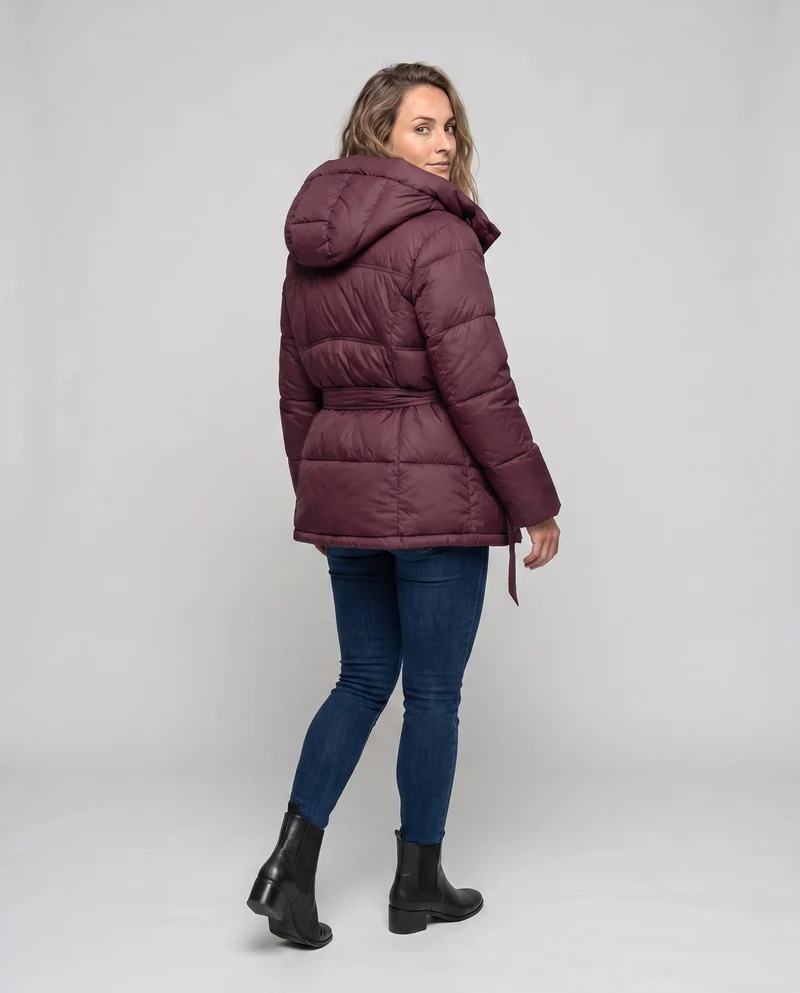 Damen gepolsterte oversized Parka mit Bindegürtel und hohem Kragen
