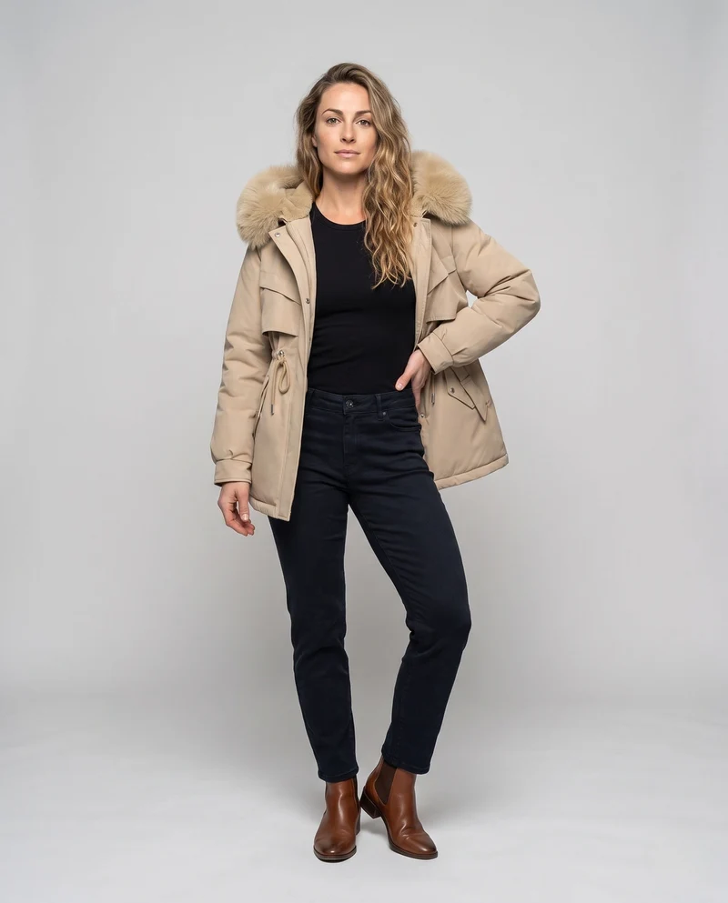 Damen Nano gepolsterte Parka mit voluminösem Kapuze und Kunstfellbesatz