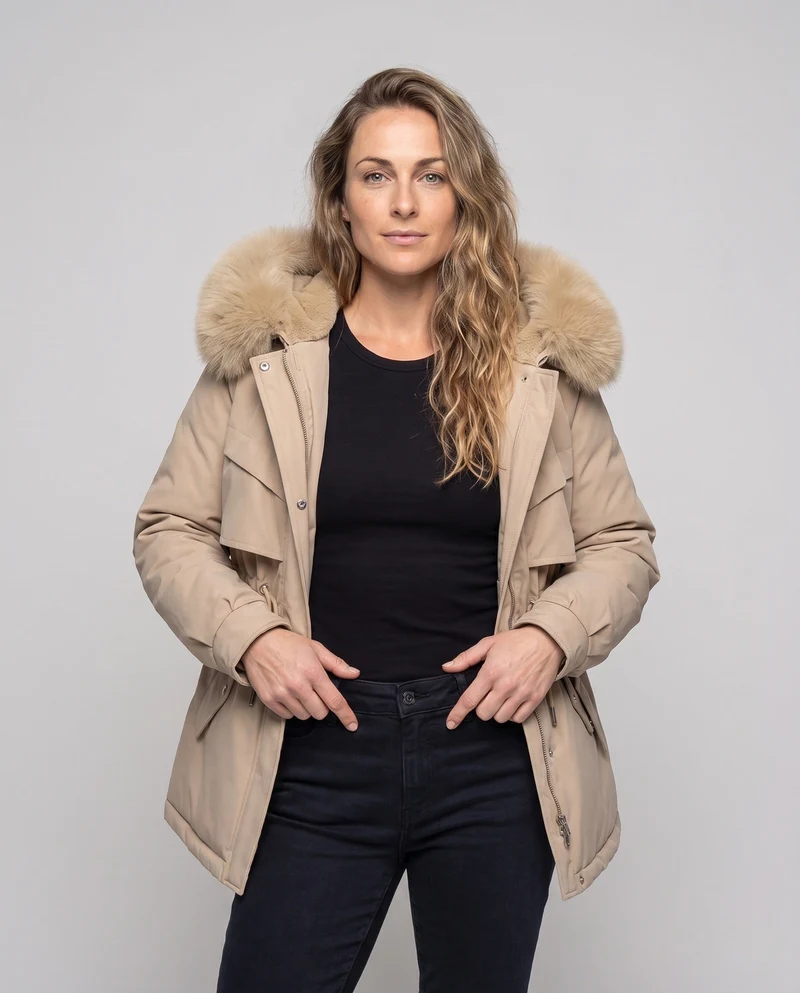 Damen Nano gepolsterte Parka mit voluminösem Kapuze und Kunstfellbesatz