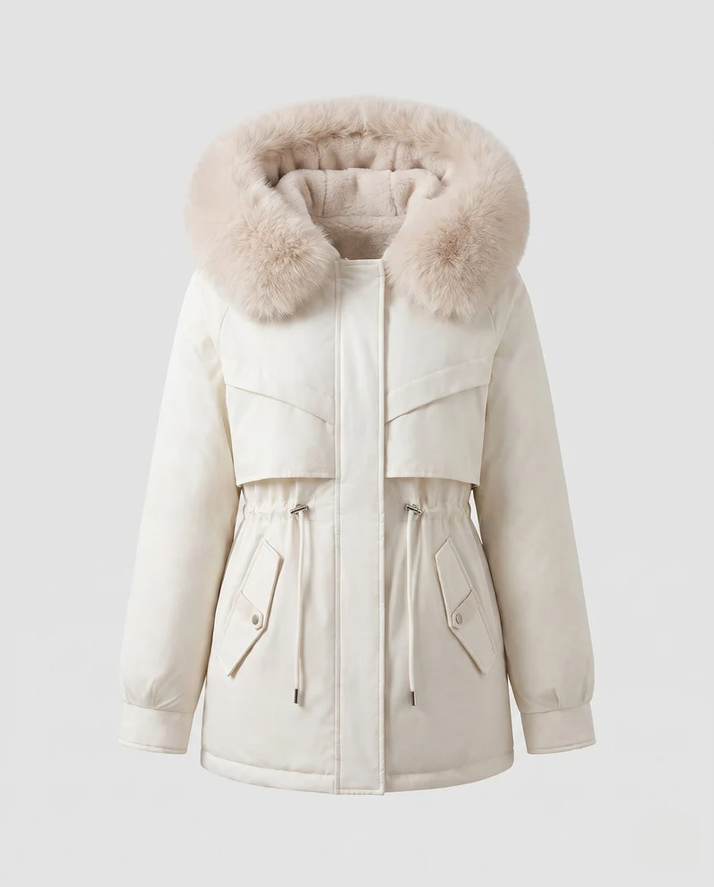 Damen Nano gepolsterte Parka mit voluminösem Kapuze und Kunstfellbesatz