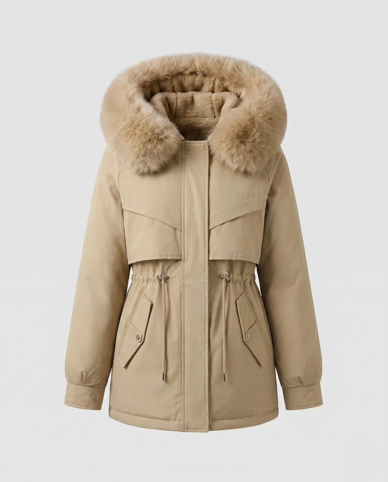 Damen Nano gepolsterte Parka mit voluminösem Kapuze und Kunstfellbesatz
