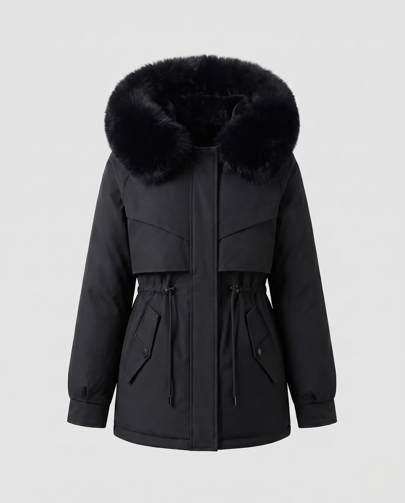 Damen Nano gepolsterte Parka mit voluminösem Kapuze und Kunstfellbesatz