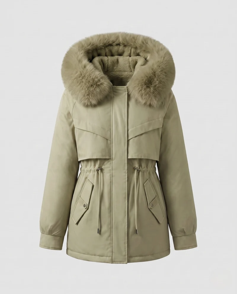 Damen Nano gepolsterte Parka mit voluminösem Kapuze und Kunstfellbesatz