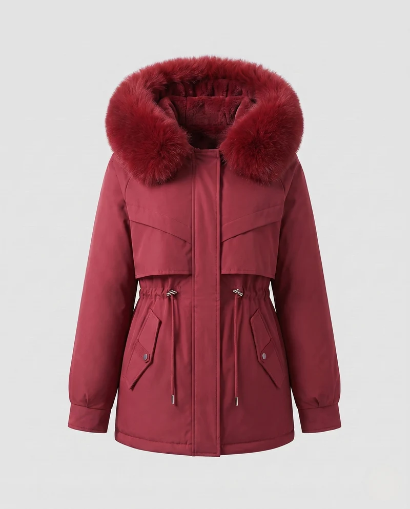 Damen Nano gepolsterte Parka mit voluminösem Kapuze und Kunstfellbesatz