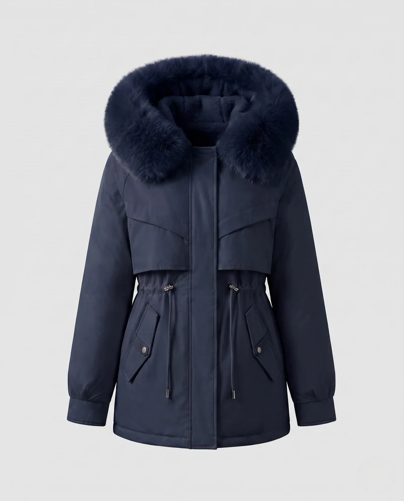 Damen Nano gepolsterte Parka mit voluminösem Kapuze und Kunstfellbesatz