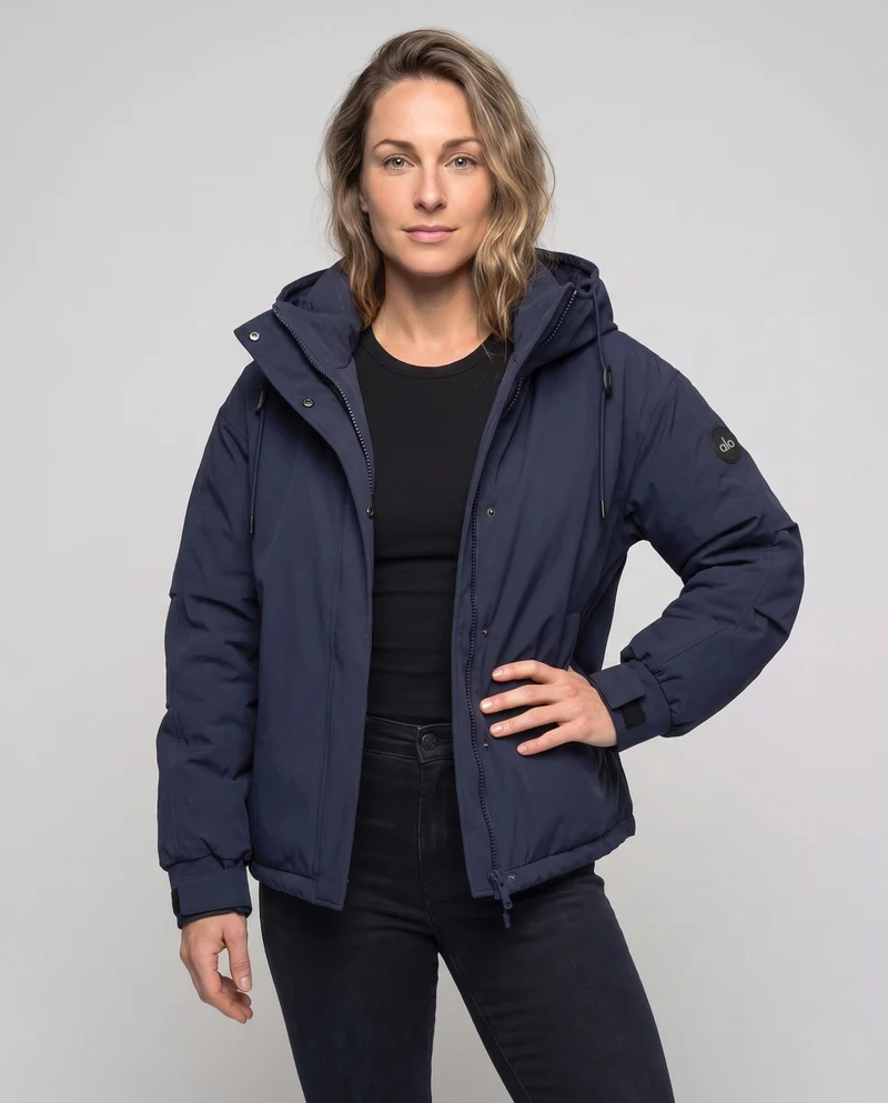 Damen Nan winddichte Hoodie-Parka im kurzen Schnitt mit thermischer Polsterung und verdeckter Vorderklappe
