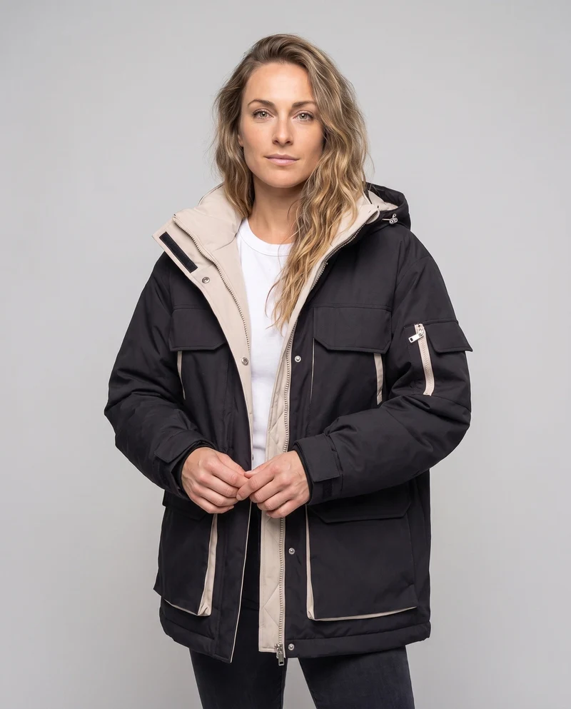 Damen Oversized Parka mit abnehmbarer gesteppter Innenweste, hohem Kragen und großen Klappentaschen