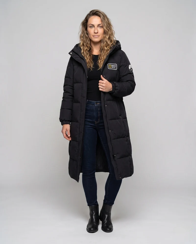 Unisex nan extra langer urbaner Puffer-Mantel mit übergroßer Kapuze, Logo-Patches und winddichtem thermischem Futter