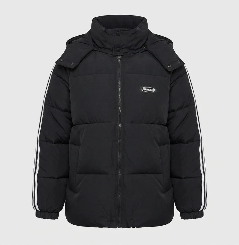 Unisex übergroße gesteppte Jacke mit Kontraststreifen an den Ärmeln, hochschließendem Kragen und Kapuzenblende