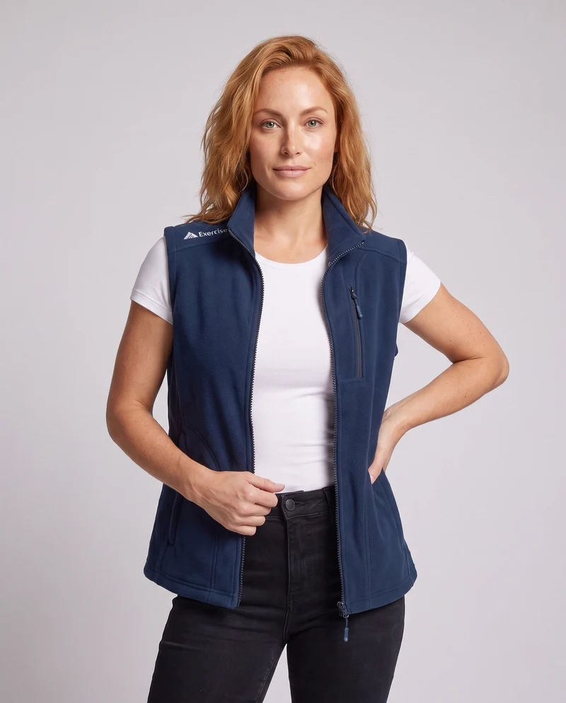Damen leichte Fleece-Weste mit hoch stehendem Kragen, Frontreißverschluss und umseitigem Reißverschluss