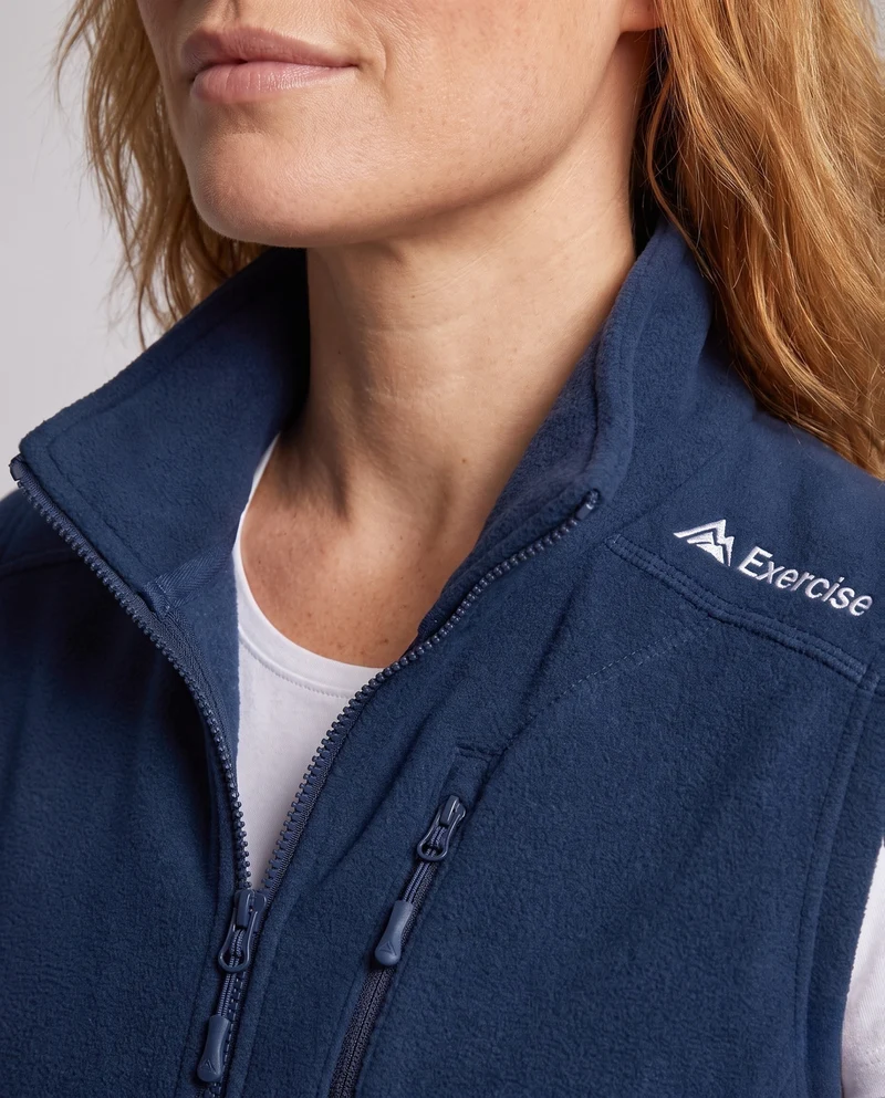Damen leichte Fleece-Weste mit hoch stehendem Kragen, Frontreißverschluss und umseitigem Reißverschluss