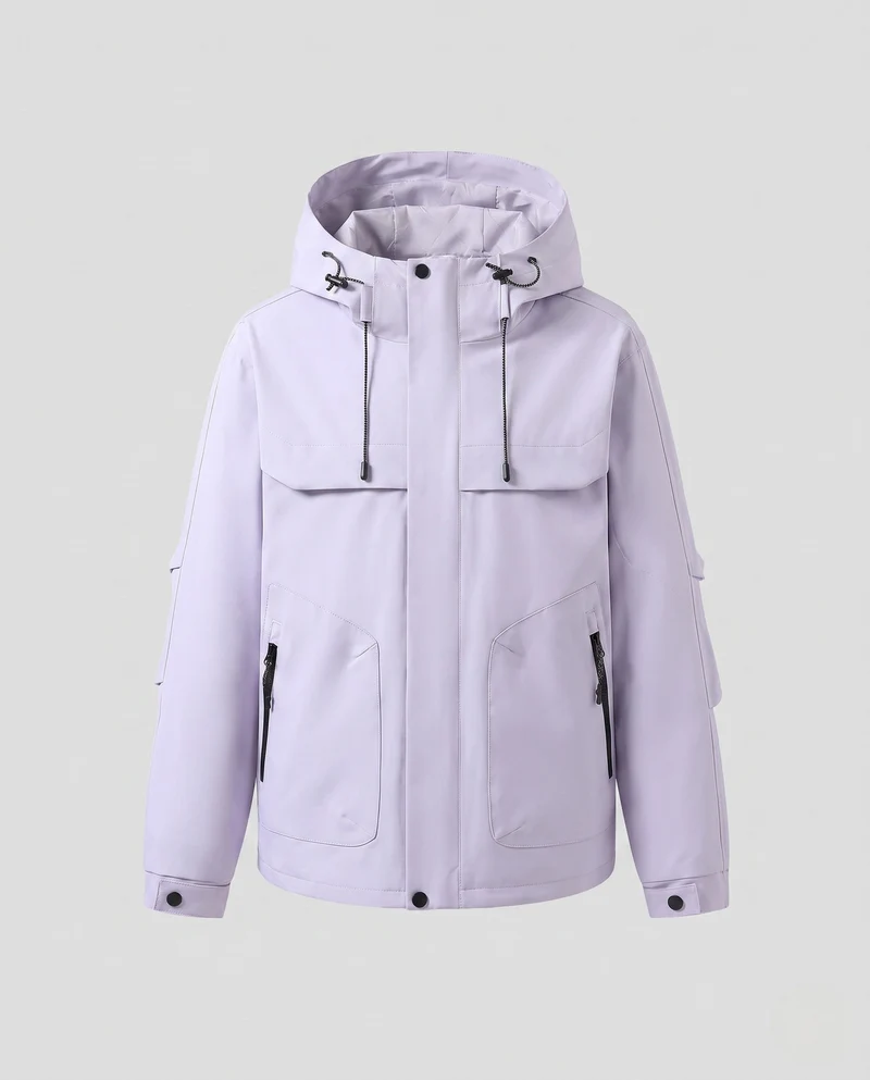 Damen leichte Outdoor Softshelljacke mit verstellbare Kapuze, verdecktem Reißverschluss und funktionalen Reißverschlusstaschen