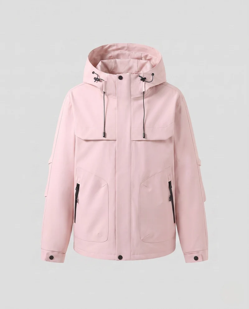 Damen leichte Outdoor Softshelljacke mit verstellbare Kapuze, verdecktem Reißverschluss und funktionalen Reißverschlusstaschen