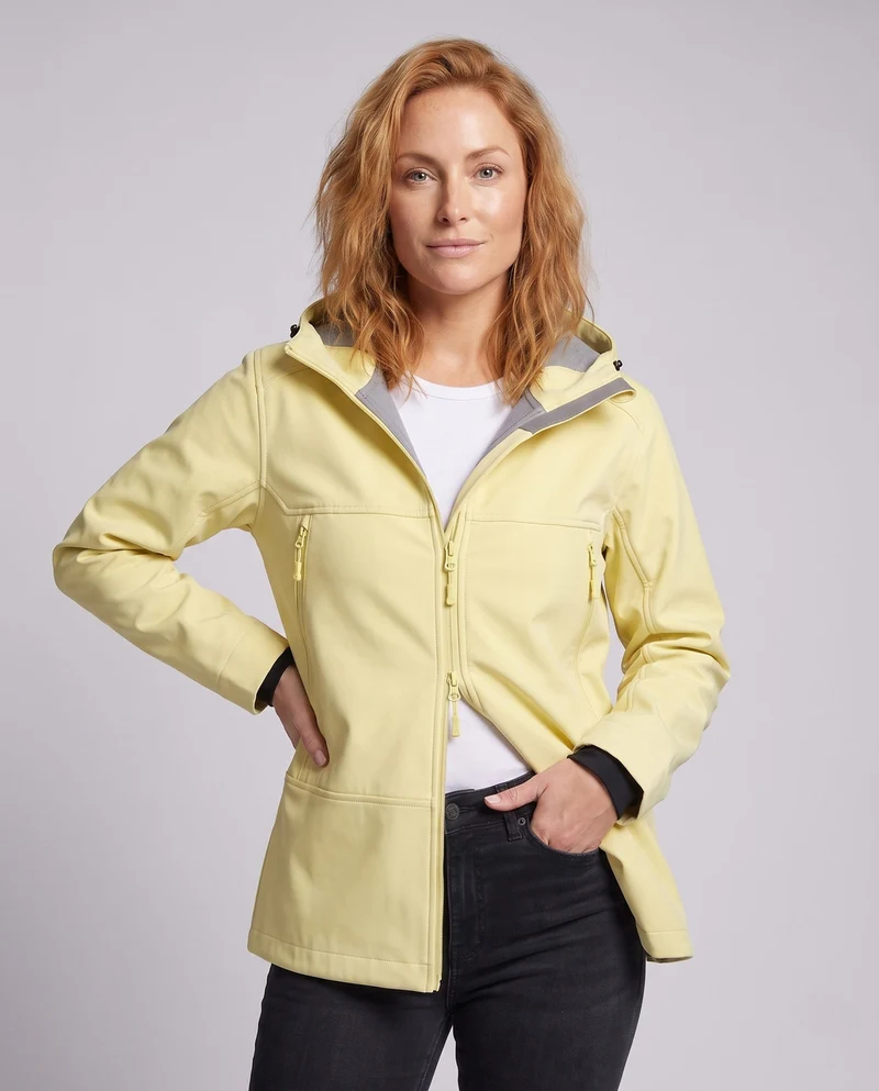 Damen leichte Softshell-Regenjacke mit verstellbarer Kapuze und Reißverschlusstaschen