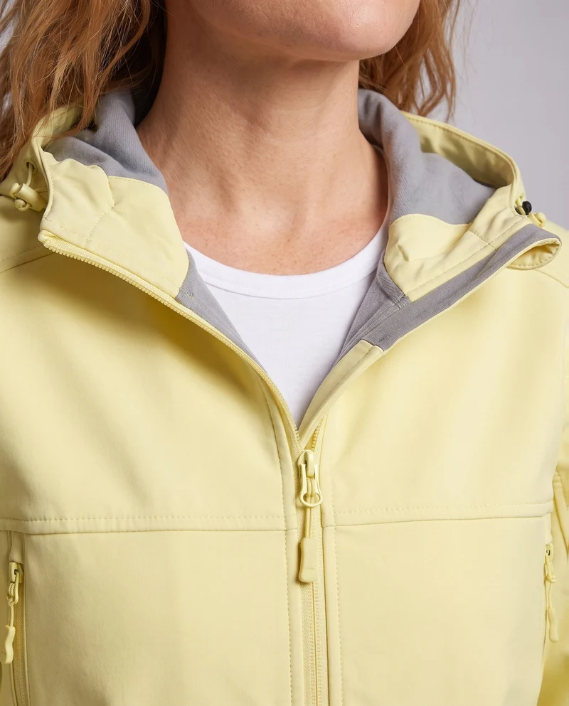 Damen leichte Softshell-Regenjacke mit verstellbarer Kapuze und Reißverschlusstaschen