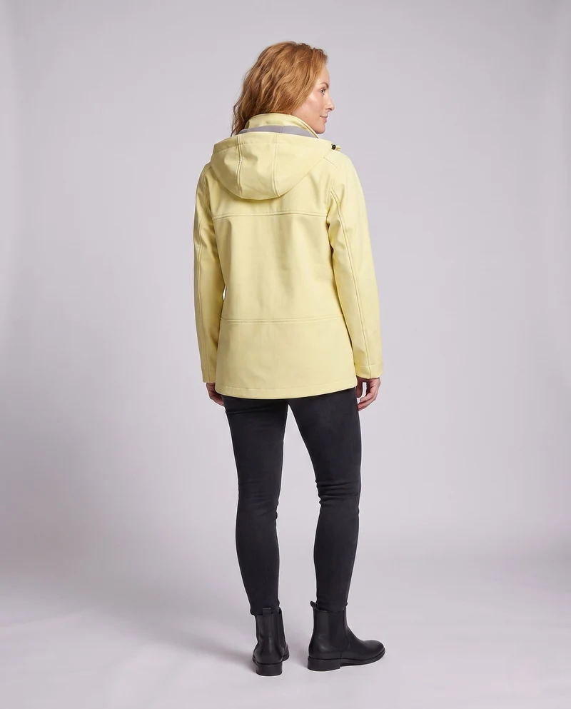 Damen leichte Softshell-Regenjacke mit verstellbarer Kapuze und Reißverschlusstaschen