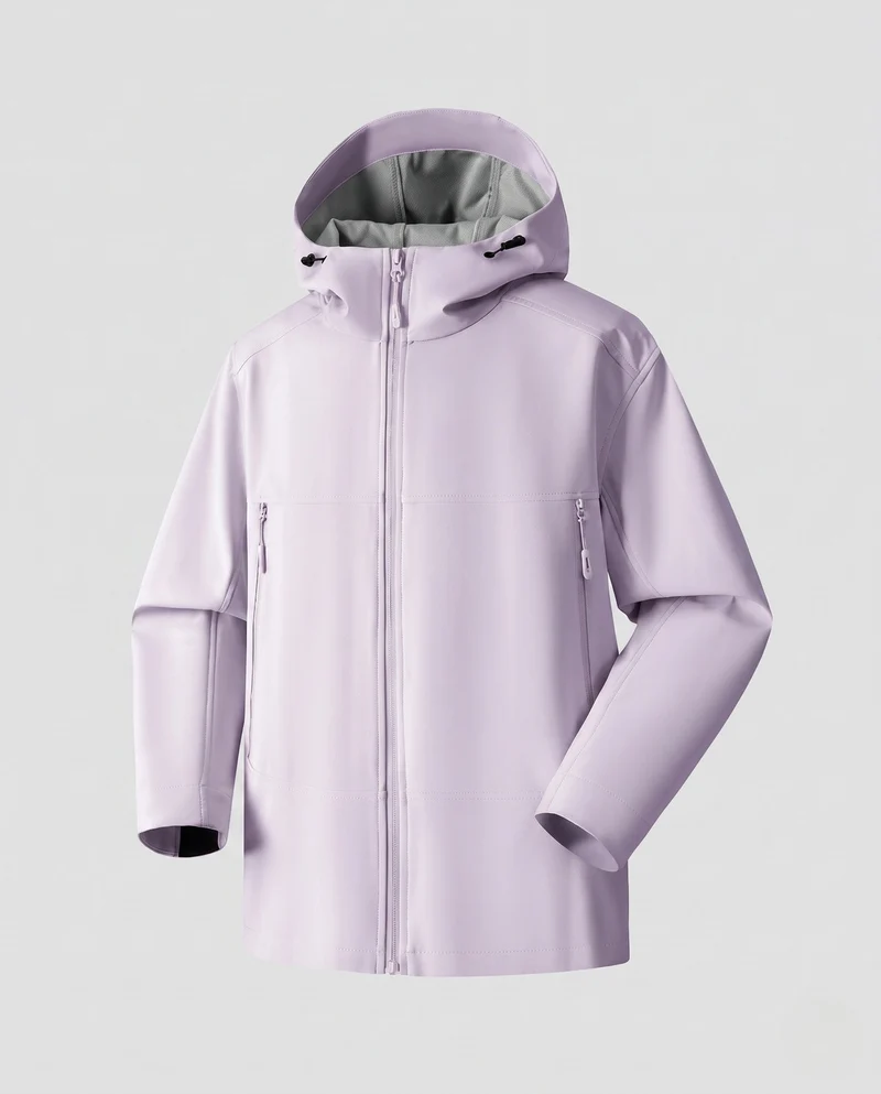Damen leichte Softshell-Regenjacke mit verstellbarer Kapuze und Reißverschlusstaschen
