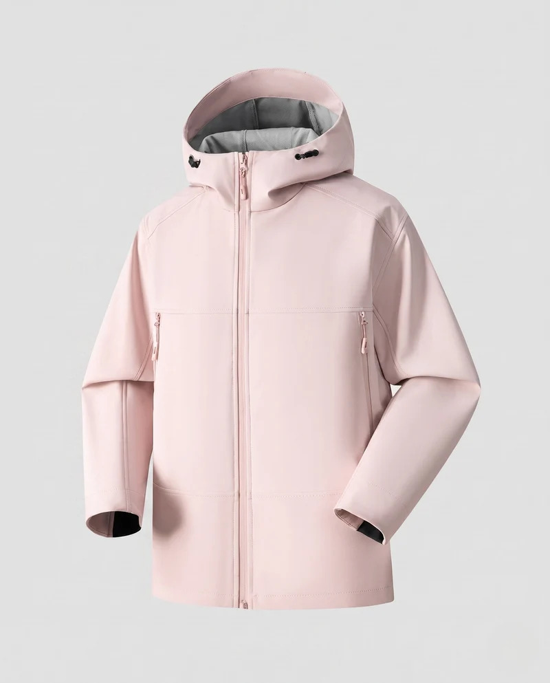 Damen leichte Softshell-Regenjacke mit verstellbarer Kapuze und Reißverschlusstaschen