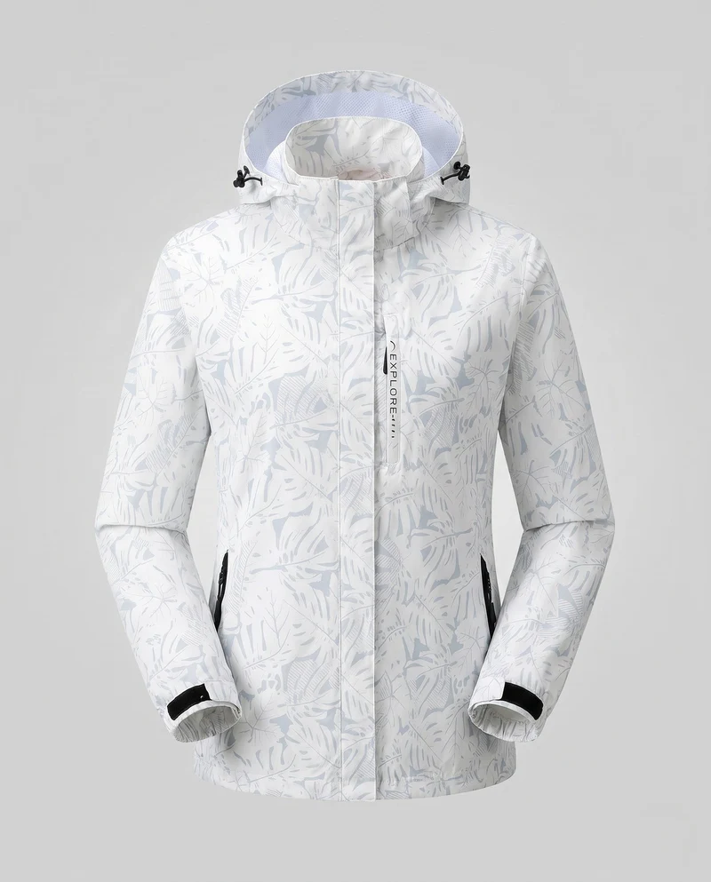 Damen leichte wind- und wasserabweisende Kapuzenjacke mit floralem Allover-Print, atmungsaktivem Netzfutter und verstellbarem Kapuze