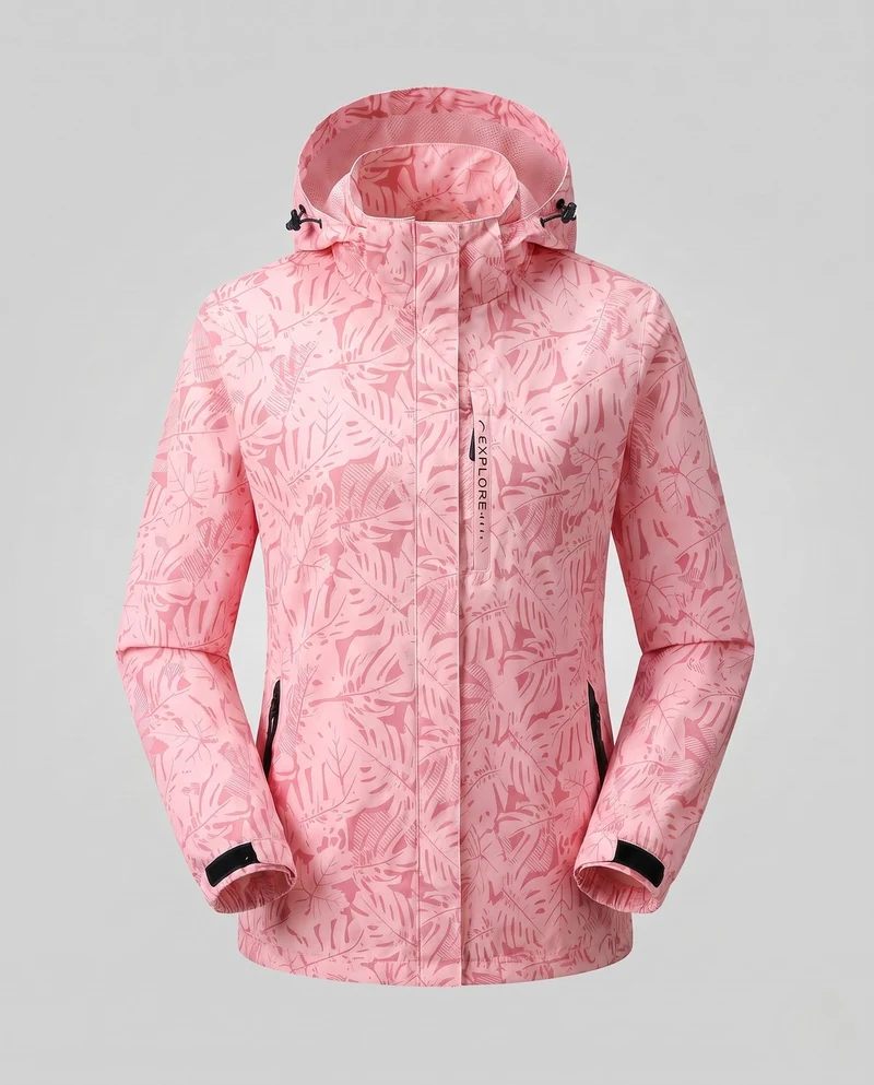Damen leichte wind- und wasserabweisende Kapuzenjacke mit floralem Allover-Print, atmungsaktivem Netzfutter und verstellbarem Kapuze
