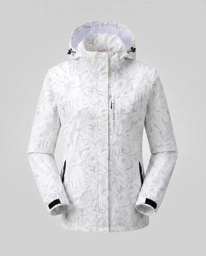 Damen leichte wind- und wasserabweisende Kapuzenjacke mit floralem Allover-Print, atmungsaktivem Netzfutter und verstellbarem Kapuze