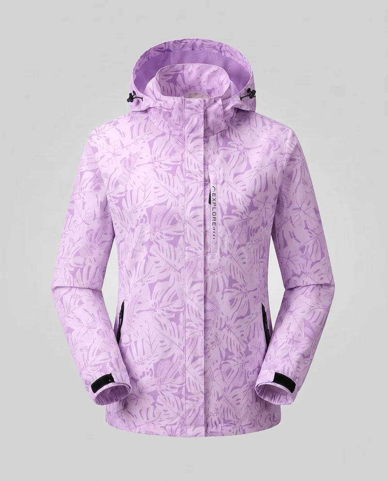 Damen leichte wind- und wasserabweisende Kapuzenjacke mit floralem Allover-Print, atmungsaktivem Netzfutter und verstellbarem Kapuze