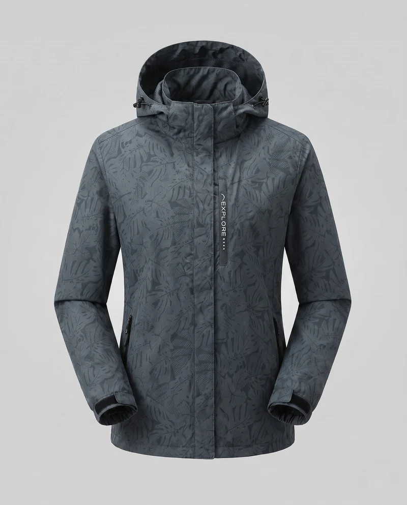 Damen leichte wind- und wasserabweisende Kapuzenjacke mit floralem Allover-Print, atmungsaktivem Netzfutter und verstellbarem Kapuze