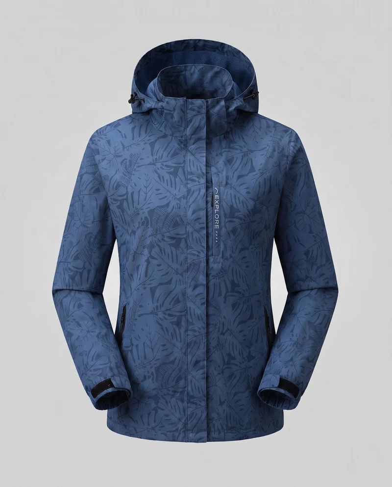Damen leichte wind- und wasserabweisende Kapuzenjacke mit floralem Allover-Print, atmungsaktivem Netzfutter und verstellbarem Kapuze