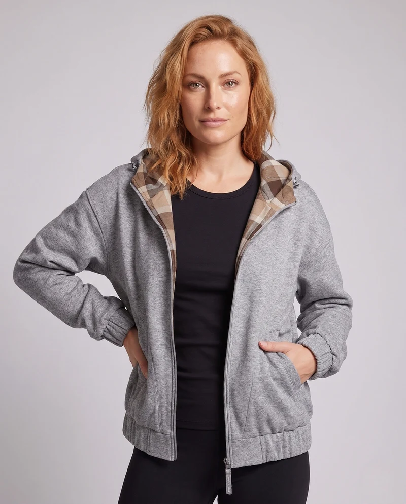 Damen Oversized Hoodie-Jacke mit Karo-Innenfutter in der Kapuze, elastischem Saum und verdeckten Seitentaschen