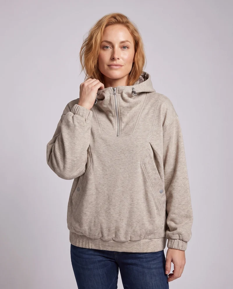 Damen Oversized-Hoodie mit halbem Reißverschluss, kariert gefütterter Kapuze, winddichter Innenlage und aufgesetzten Druckknopftaschen