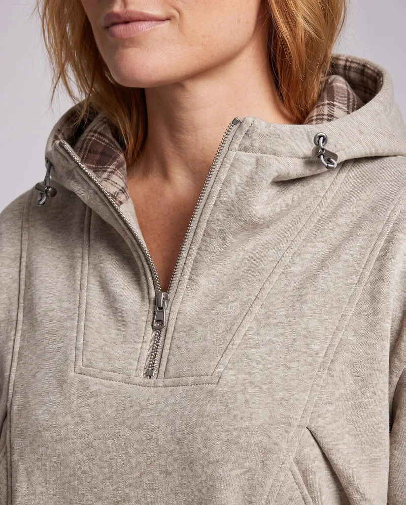 Damen Oversized-Hoodie mit halbem Reißverschluss, kariert gefütterter Kapuze, winddichter Innenlage und aufgesetzten Druckknopftaschen