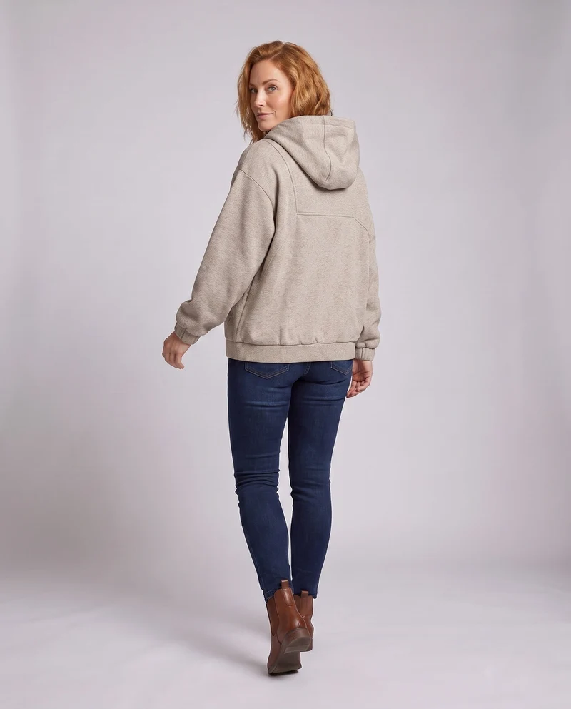 Damen Oversized-Hoodie mit halbem Reißverschluss, kariert gefütterter Kapuze, winddichter Innenlage und aufgesetzten Druckknopftaschen