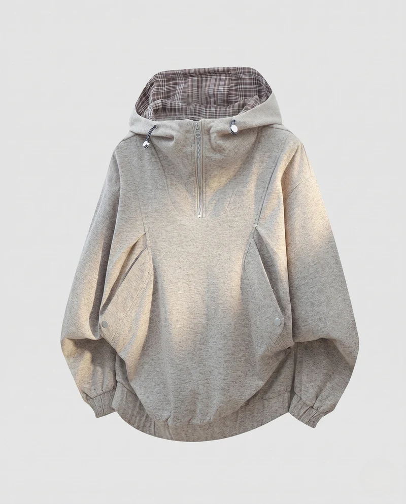 Damen Oversized-Hoodie mit halbem Reißverschluss, kariert gefütterter Kapuze, winddichter Innenlage und aufgesetzten Druckknopftaschen