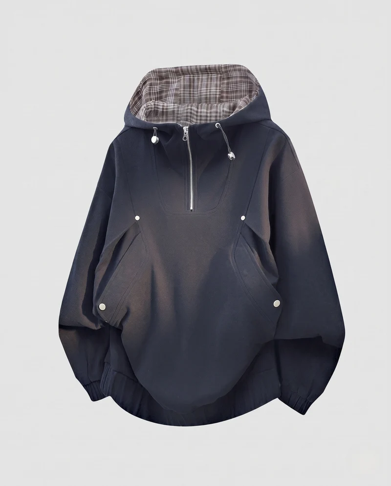 Damen Oversized-Hoodie mit halbem Reißverschluss, kariert gefütterter Kapuze, winddichter Innenlage und aufgesetzten Druckknopftaschen