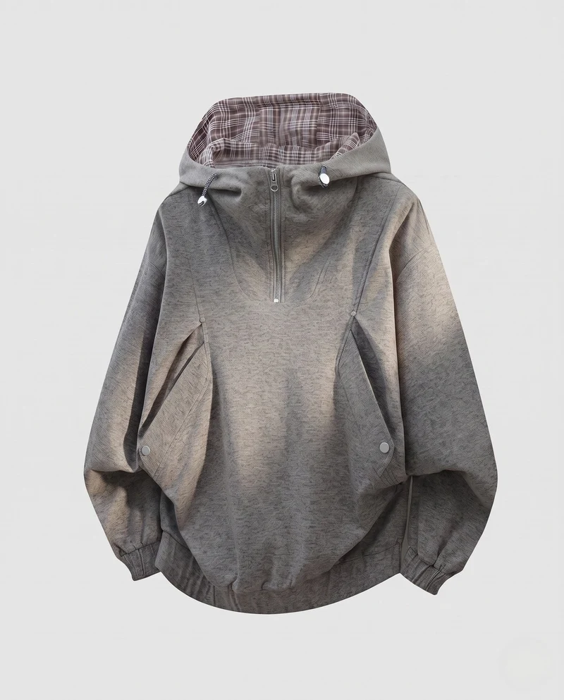 Damen Oversized-Hoodie mit halbem Reißverschluss, kariert gefütterter Kapuze, winddichter Innenlage und aufgesetzten Druckknopftaschen