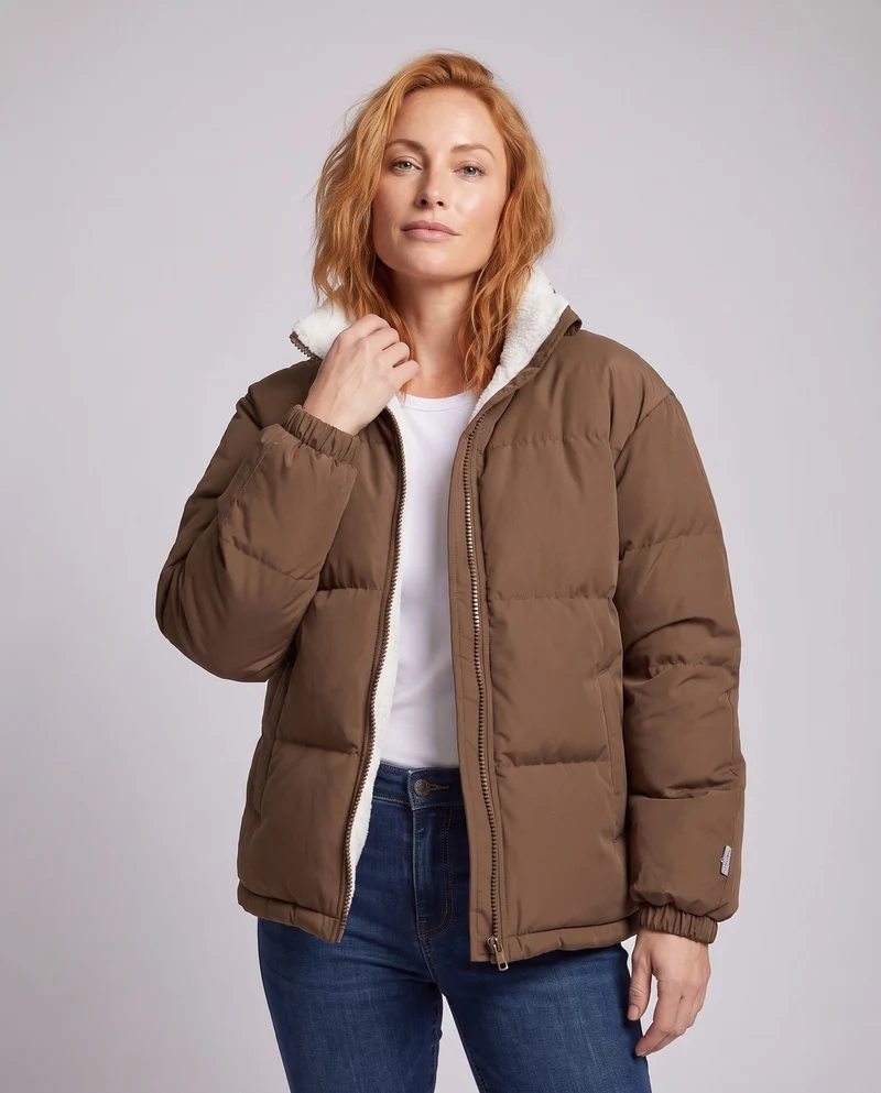 Damen Übergröße Thermo-Pufferjacke mit Teddy-Futter, Hohem Komfortkragen und Elastischen Bündchen