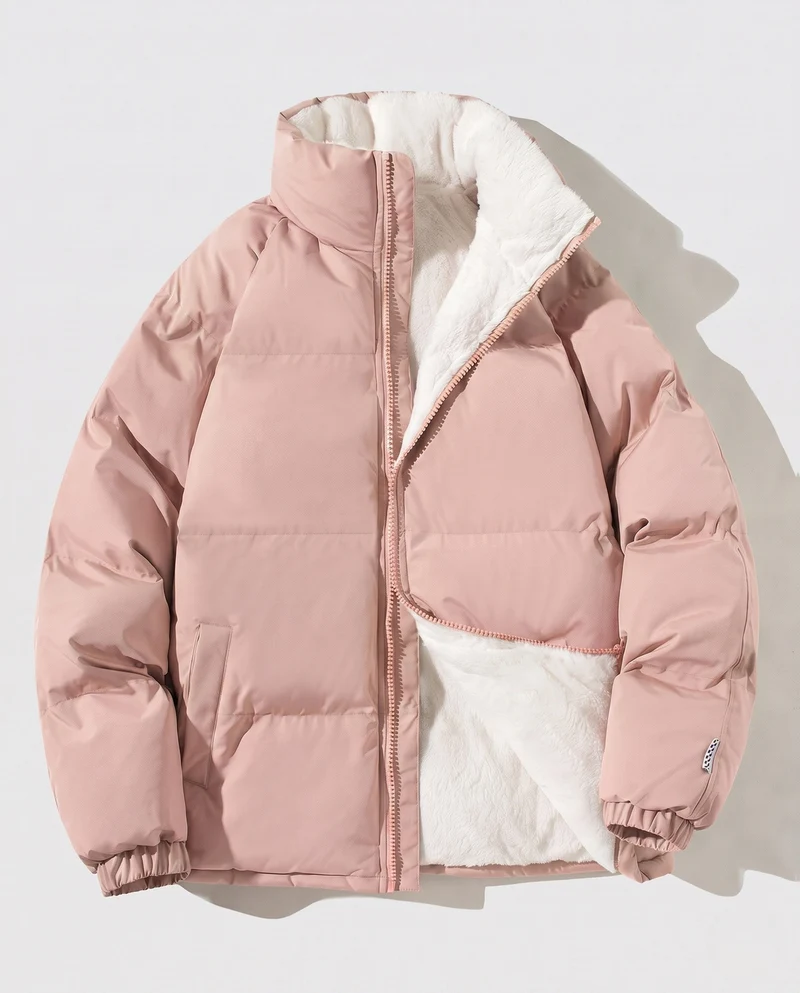 Damen Übergröße Thermo-Pufferjacke mit Teddy-Futter, Hohem Komfortkragen und Elastischen Bündchen