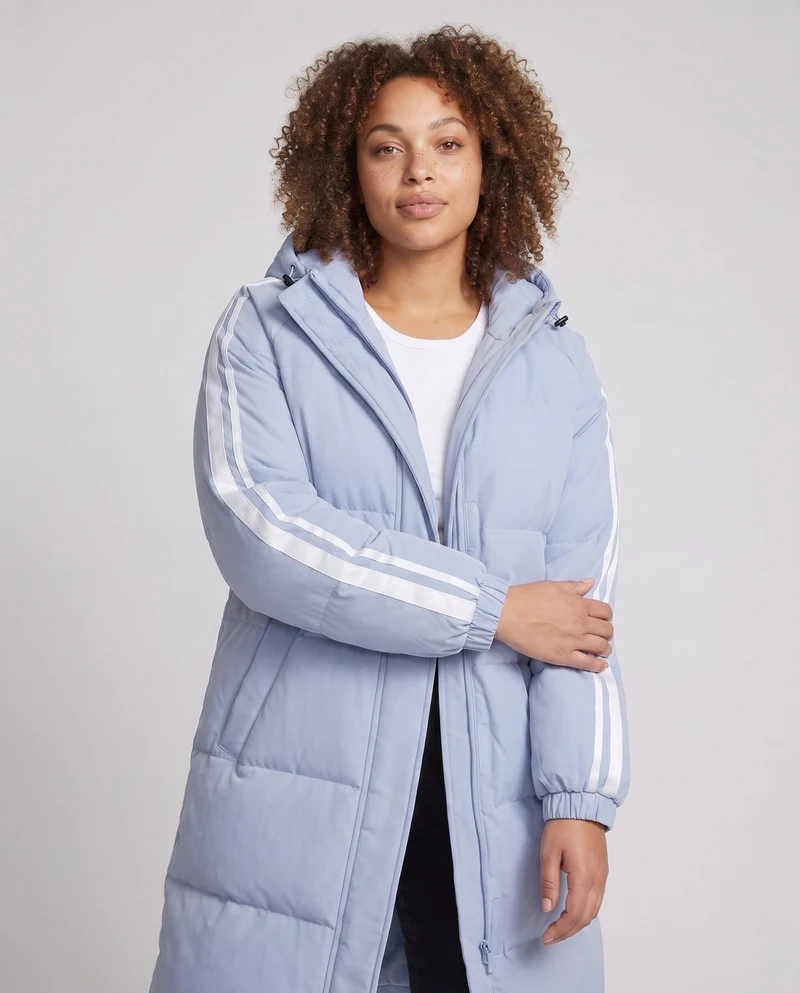 Damen gepolsterter langer Parka mit Kapuze und seitlichen Streifen