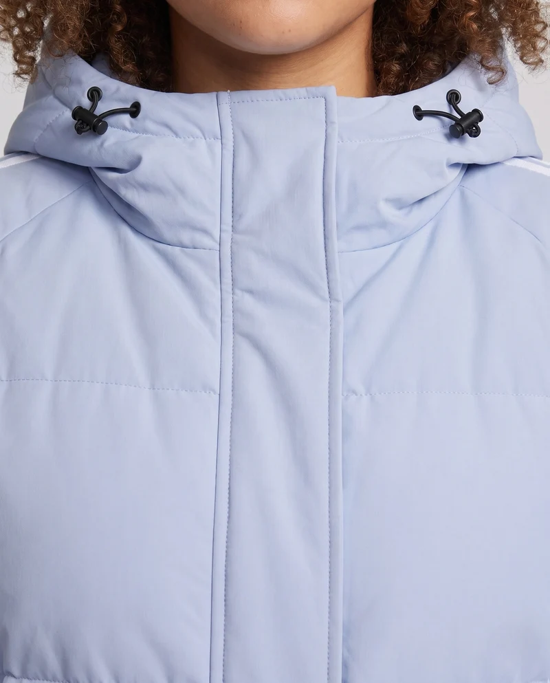 Damen gepolsterter langer Parka mit Kapuze und seitlichen Streifen