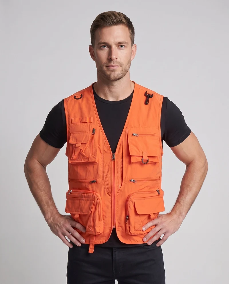 Herren Cargo-Angler-Utility-Weste mit Mesh-Einsätzen und verschiedenen Reißverschluss- und Klappenfächern