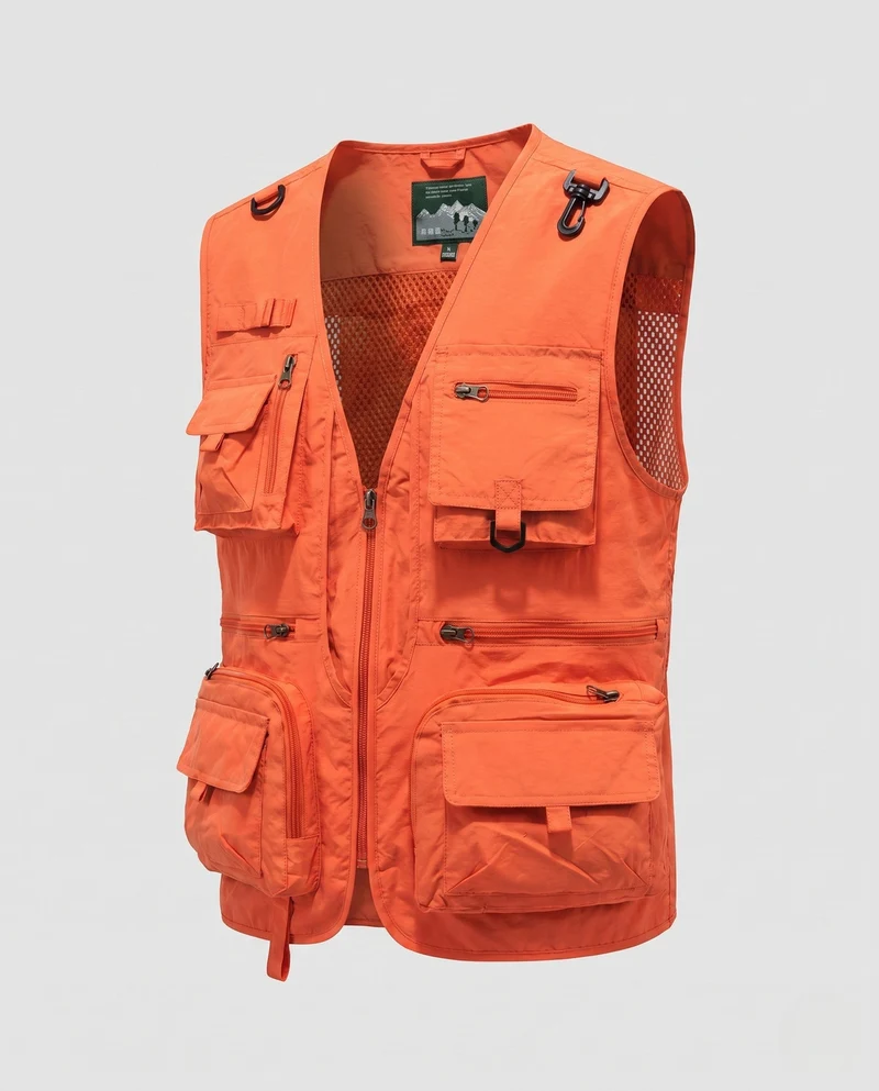 Herren Cargo-Angler-Utility-Weste mit Mesh-Einsätzen und verschiedenen Reißverschluss- und Klappenfächern