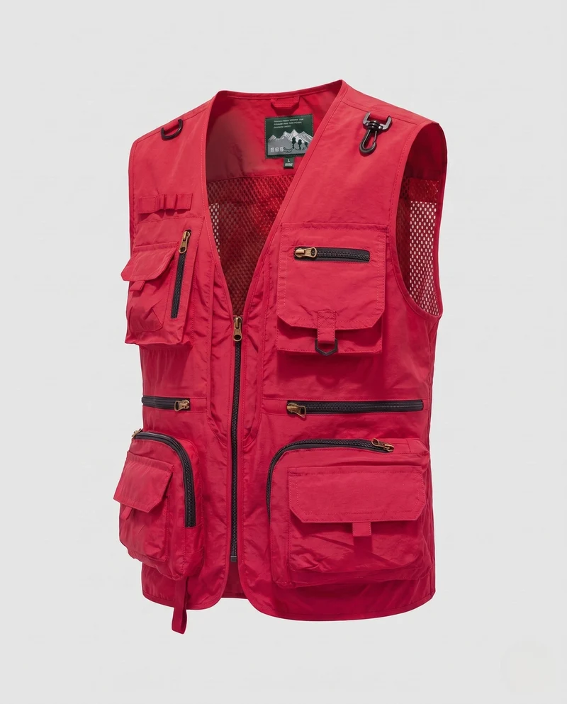 Herren Cargo-Angler-Utility-Weste mit Mesh-Einsätzen und verschiedenen Reißverschluss- und Klappenfächern