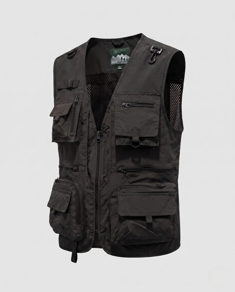 Herren Cargo-Angler-Utility-Weste mit Mesh-Einsätzen und verschiedenen Reißverschluss- und Klappenfächern